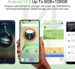 G9T Cell Phone, Android 14 Smartphone Unlocked, 6.75" HD+ 90Hz Display, 5000Mah Battery, 18W Fast Charging, 8(4+4)+128GB/1TB TF, 13MP Camera, AI Face & Fingerprint Unlock, 4G Dual SIM, GPS - Image 2