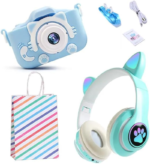 Gift Set Kids Photo Camera and Wireless Cat Headphones + Gift Paper Bag (Blue) Birthday, Christmas, New Year