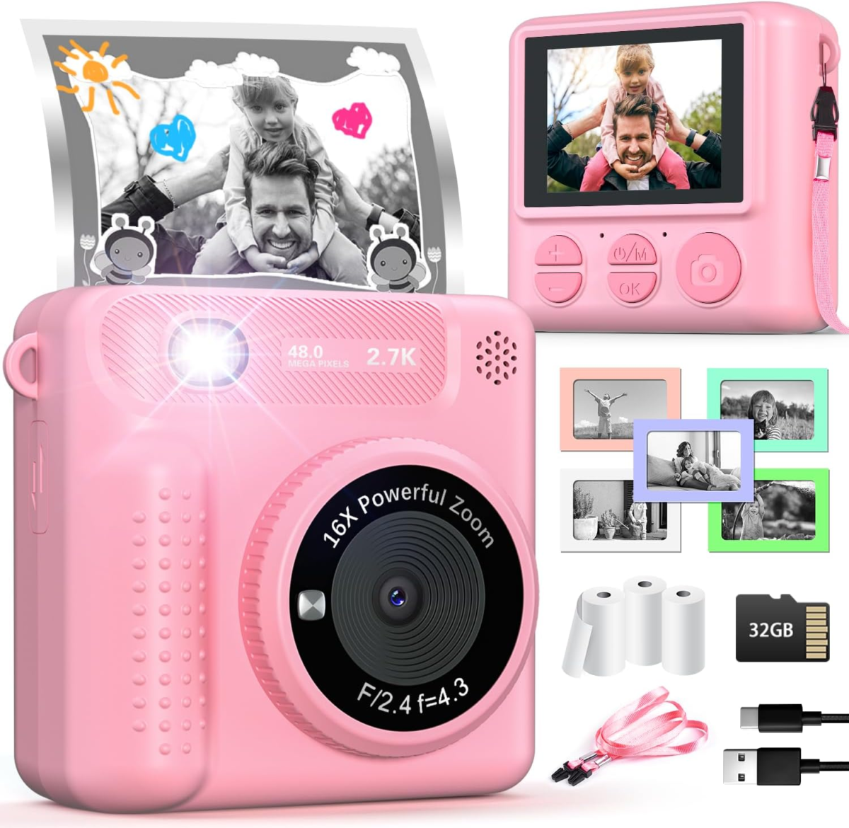 Kids Camera Instant Print, 12MP 1080P Digital Camera for Kids Age 3-12, Christmas Birthday Gifts for 4 5 6 7 8 9 10 Year Old Girls Boys, 32GB Toddler HD Video Camera Print Photos Portable Toy - Image 1