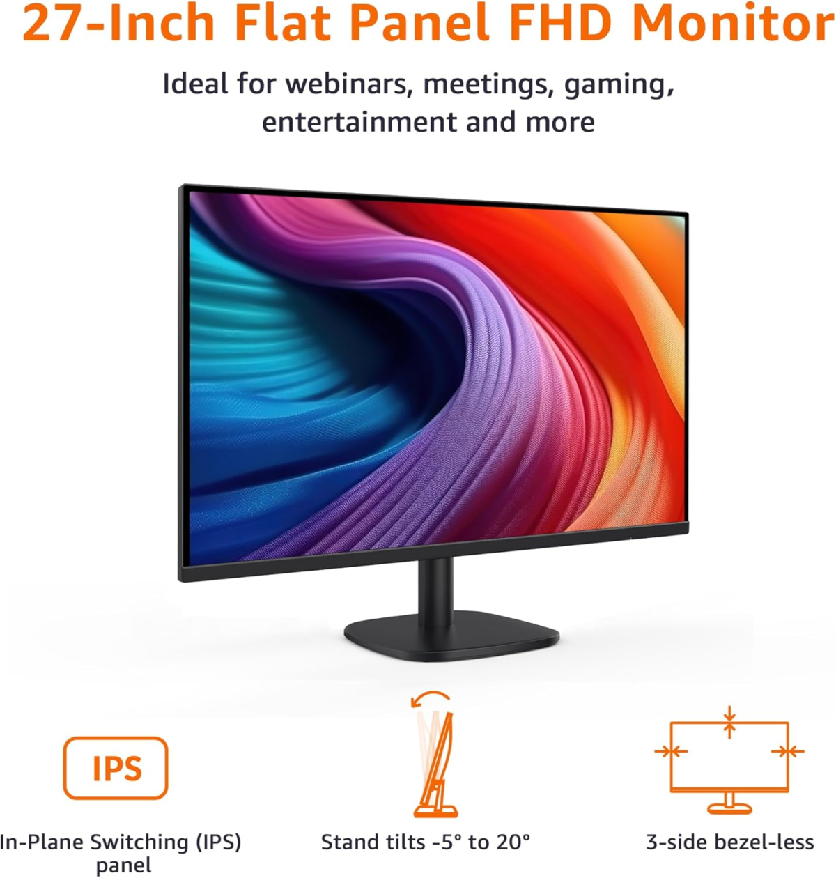 27 Inch Monitor, FHD 1080P, Max 100Hz, VESA Compatible, Built-In Speakers, Black - Image 2