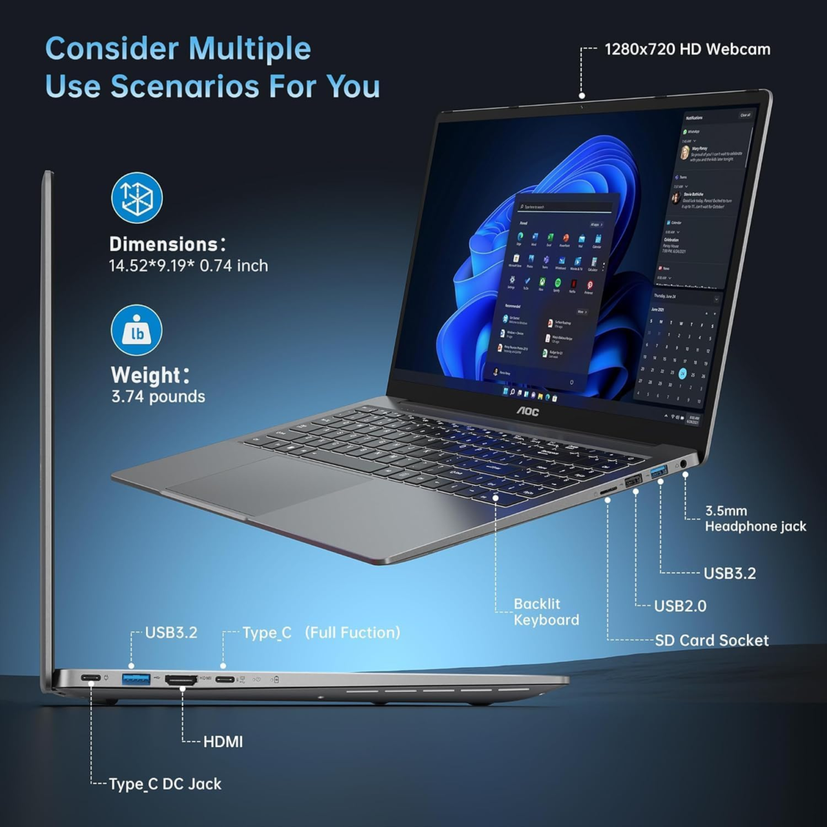 Gaming Laptop with AMD Ryzen 7 5825U Processor(8C/16T, up to 4.3Ghz) 16.1“ FHD Display Laptop Computer with Backlit Keyboard, 16GB RAM 512GB Nvme SSD, Wifi 6, HDMI, USB3.2, Type-C, 53Wh Battery - Image 5