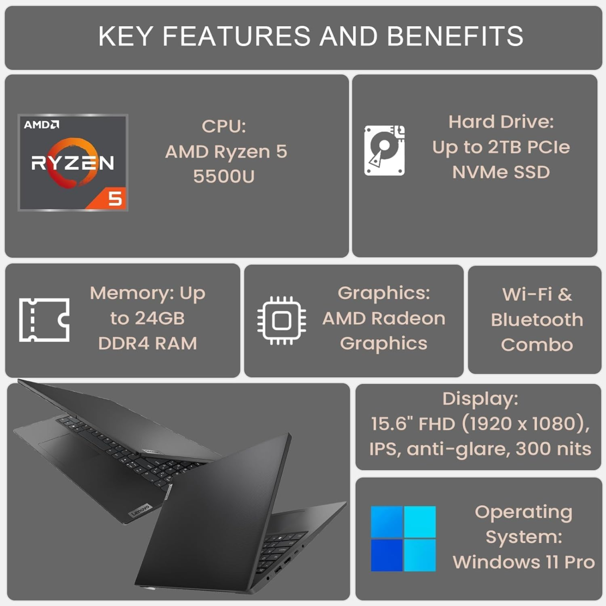V15 Gen 4 Business Laptop, 15.6" FHD Screen, AMD Ryzen 5 5500U, 24GB RAM, 2TB SSD, Webcam, RJ-45, Wi-Fi, Windows 11 Pro, Black, Additional 1 Yr ADP - Image 6