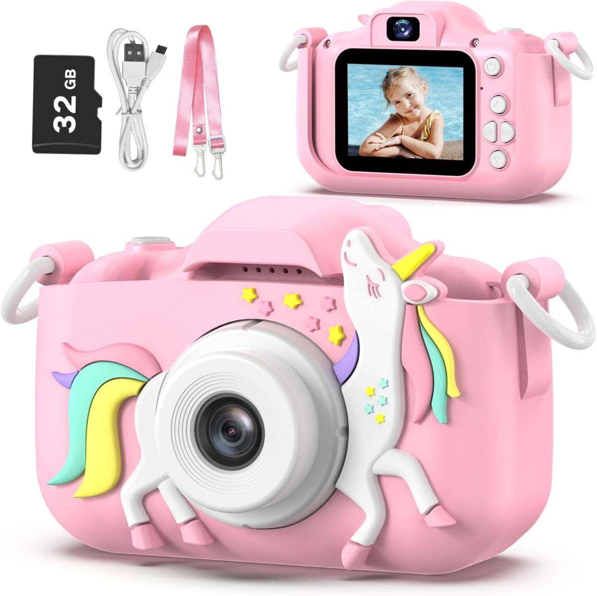 Kids Camera Toys for 3-8 Year Old Girls Boys,Children Digital Video Camcorder Camera with Cartoon Soft Cover, Best Chritmas Birthday Festival Gift for Kids - 32G SD Card Included (Pink-Djs) - Image 1