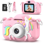 Kids Camera Toys for 3-8 Year Old Girls Boys,Children Digital Video Camcorder Camera with Cartoon Soft Cover, Best Chritmas Birthday Festival Gift for Kids - 32G SD Card Included (Pink-Djs)