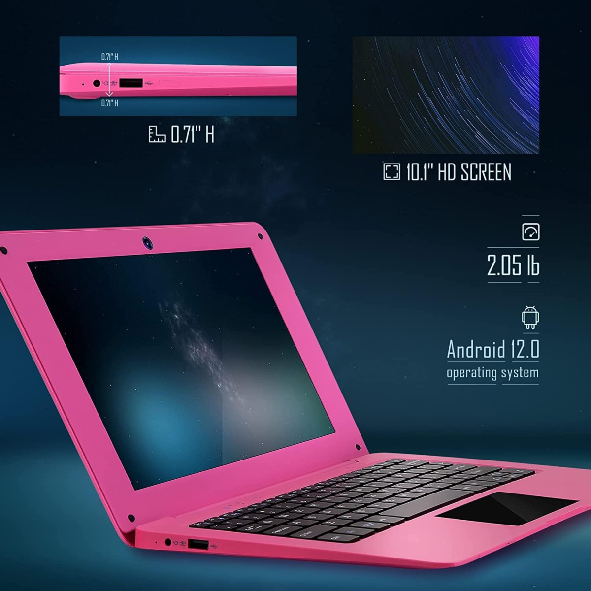 10.1" Inch Kids Netbook Laptop, Powered by Android 12 Operating System, 2Gb Ram, 64Gb Storage,2* USB, Camera, Wifi + Free Accessories Included. - Pink - Image 4