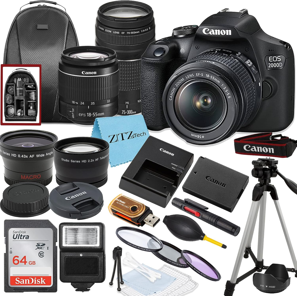 Canon EOS 2000D / Rebel T7 DSLR Camera with EF-S 18-55Mm + EF 75-300Mm Daul Lens + Sandisk 64GB Memory Card + Tripod + Case + Wideangle Lenses + Zeetech Accessory Bundle (21Pc Bundle) (Renewed) - Image 1
