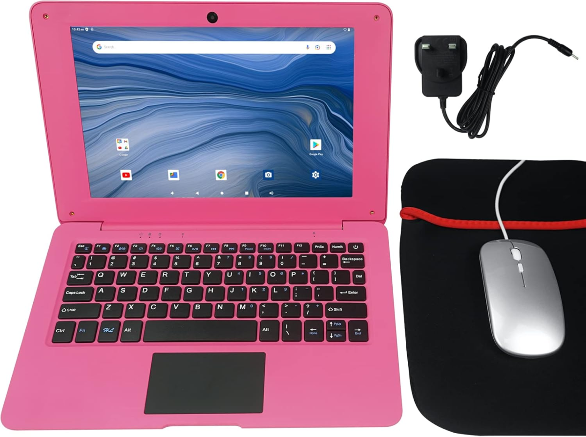 10.1" Inch Kids Netbook Laptop, Powered by Android 12 Operating System, 2Gb Ram, 64Gb Storage,2* USB, Camera, Wifi + Free Accessories Included. - Pink - Image 1