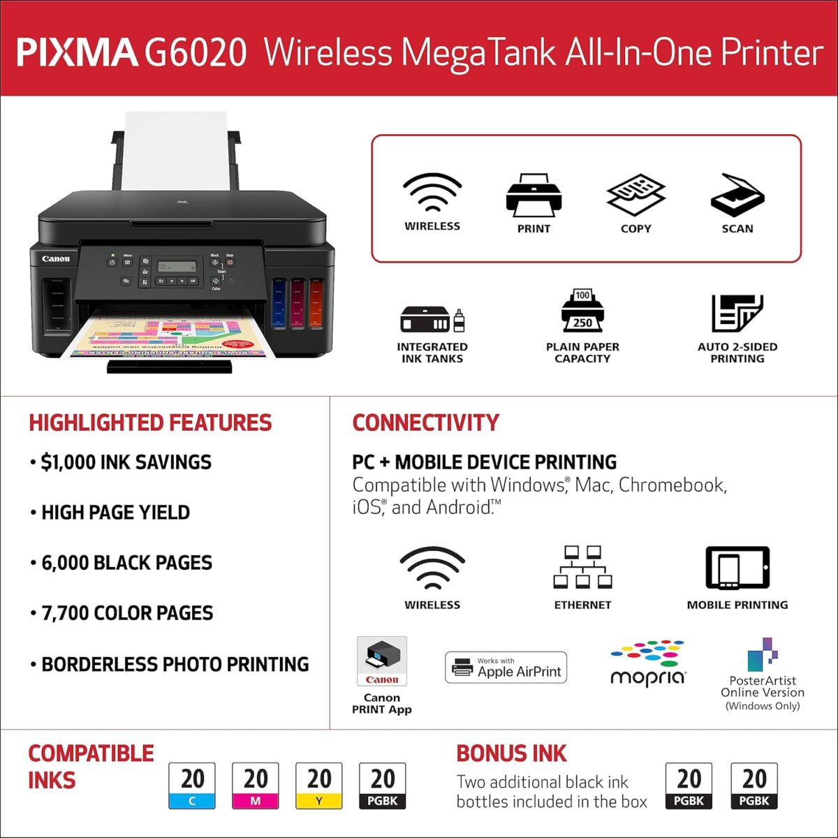 PIXMA G6020 All-In-One Supertank Wireless (Megatank) Printer, Copier and Scan with Mobile Printing, Black, Works with Alexa - Image 6