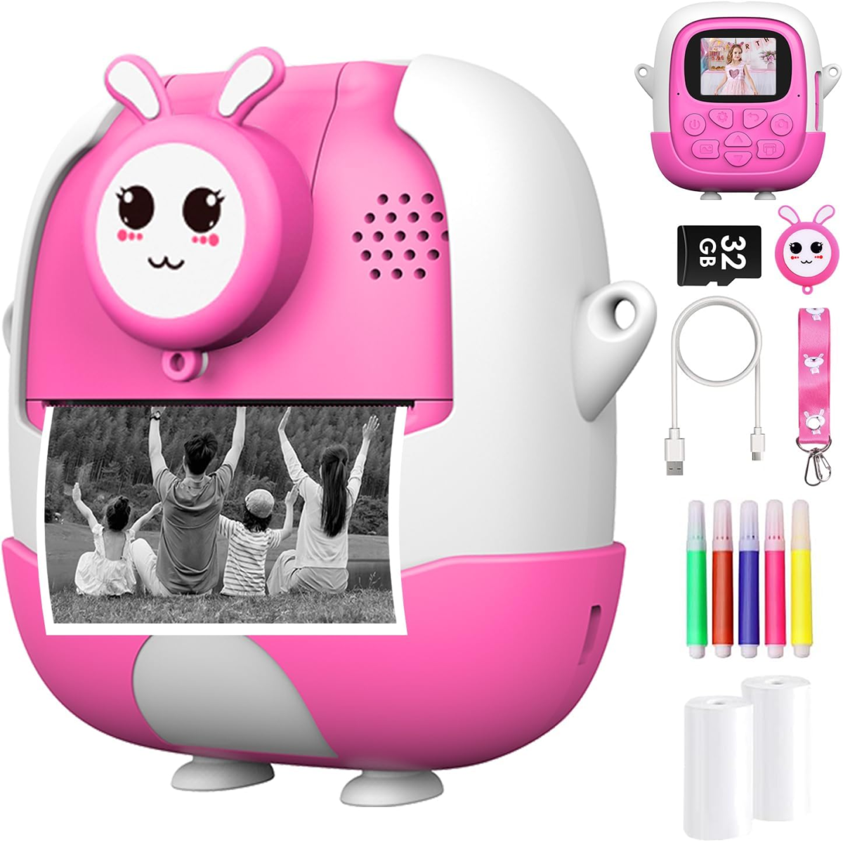 Kids Camera for Girls Boys,Instant Camera for Kids with 32GB SD Card Reversible Lens Video Digital Camera with Print Photo Paper, Birthday Gifts Toy for 3-12 Year Old 5 Colour Pens (Pink) - Image 1