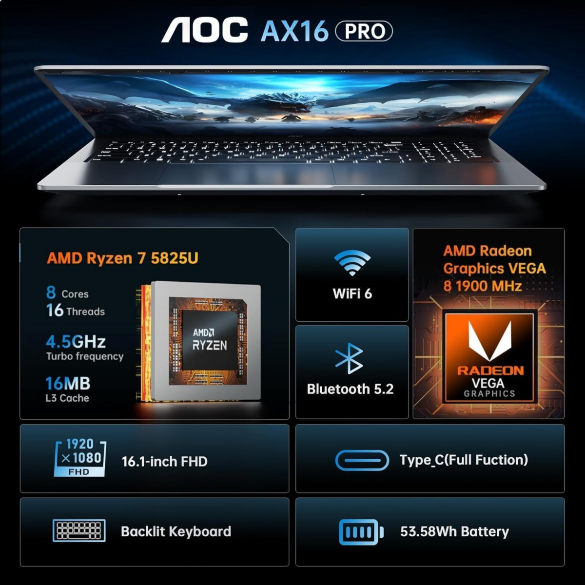 Gaming Laptop with AMD Ryzen 7 5825U Processor(8C/16T, up to 4.3Ghz) 16.1“ FHD Display Laptop Computer with Backlit Keyboard, 16GB RAM 512GB Nvme SSD, Wifi 6, HDMI, USB3.2, Type-C, 53Wh Battery - Image 2