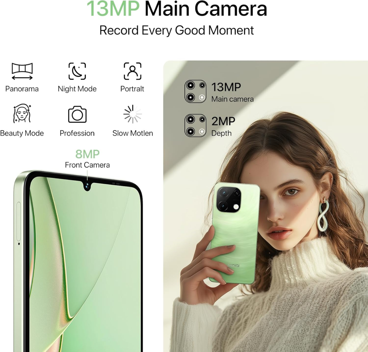 G9T Cell Phone, Android 14 Smartphone Unlocked, 6.75" HD+ 90Hz Display, 5000Mah Battery, 18W Fast Charging, 8(4+4)+128GB/1TB TF, 13MP Camera, AI Face & Fingerprint Unlock, 4G Dual SIM, GPS - Image 4