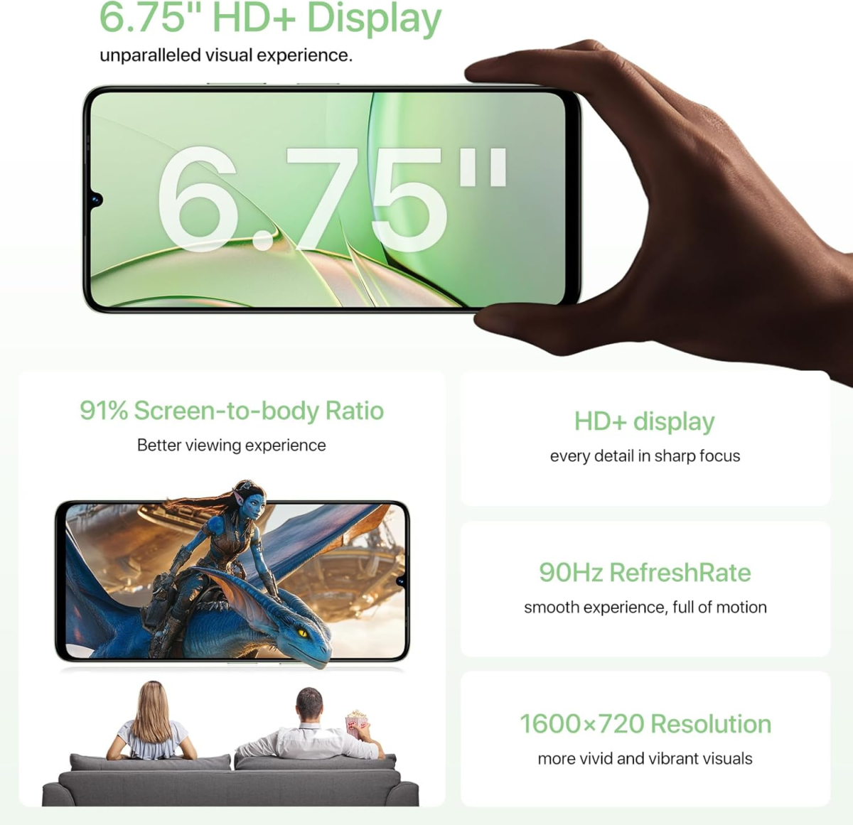G9T Cell Phone, Android 14 Smartphone Unlocked, 6.75" HD+ 90Hz Display, 5000Mah Battery, 18W Fast Charging, 8(4+4)+128GB/1TB TF, 13MP Camera, AI Face & Fingerprint Unlock, 4G Dual SIM, GPS - Image 3